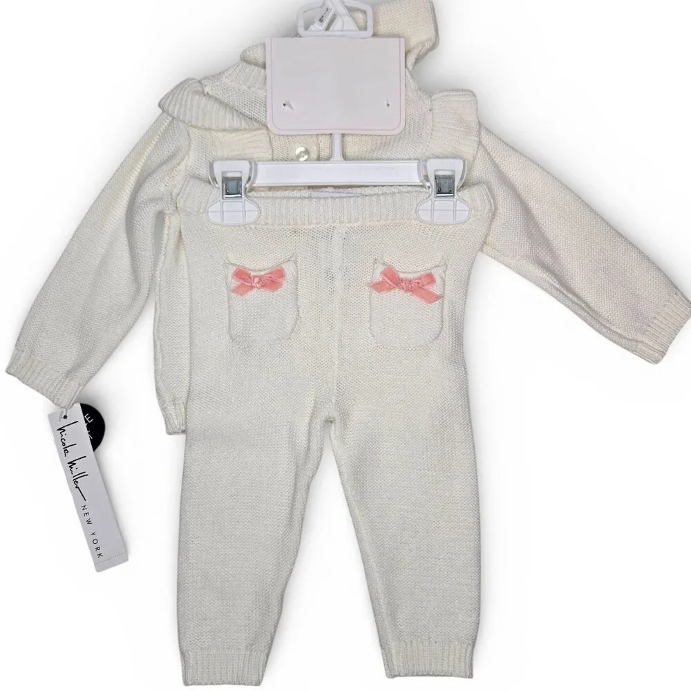 NWT Nicole Miller Knitted Baby 3 Piece Set‎ Cable Knit Sunday Best Outfit 3/6M